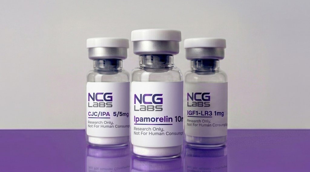 Three vials labeled 'NCG Labs' containing research chemicals: CJC/IPA 5/5mg, Ipamorelin 10mg, and IGF1-LR3 1mg. Each vial has a warning that reads 'Research Only, Not For Human Consumption.'