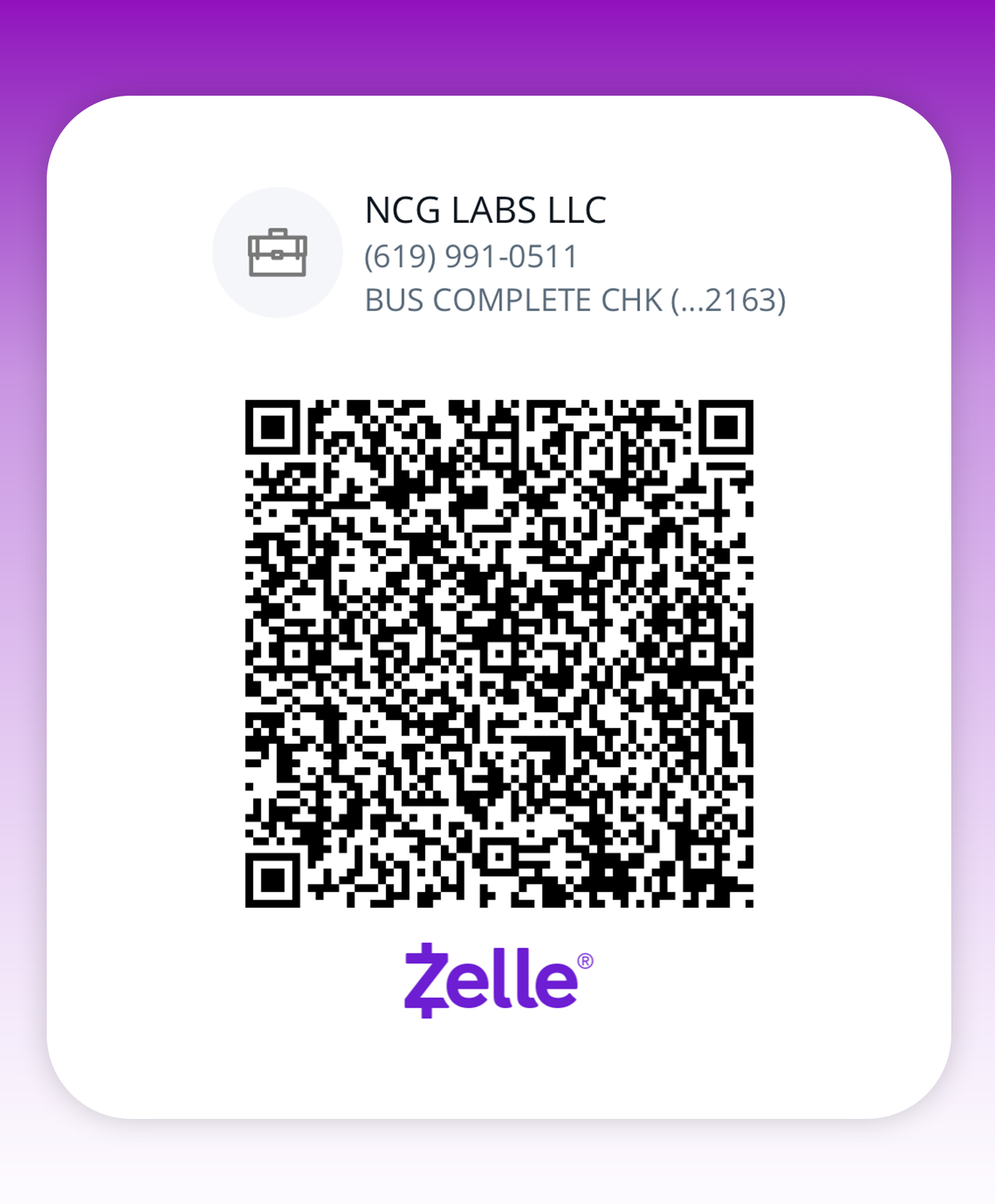QR code for Zelle payment with contact information for NCG Labs LLC, including phone number and business details.